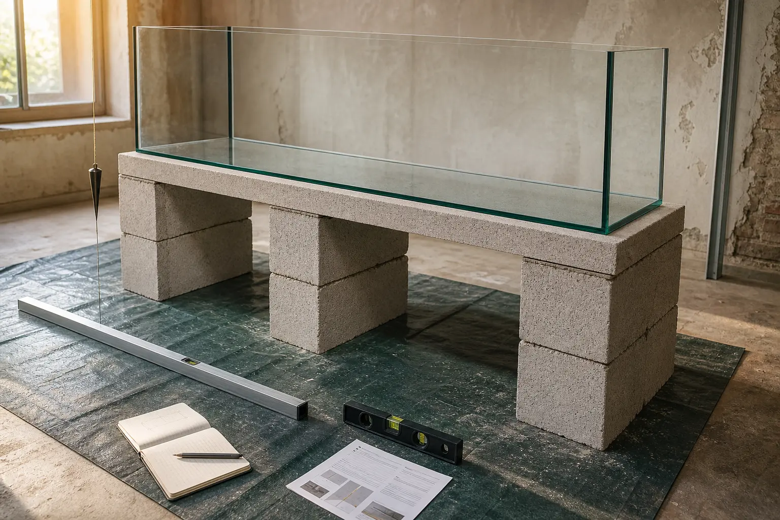Trocken ausgelegter Porenbeton-Unterbau mit leerem Aquarium, durchgehender Auflage, Richtlatte, Lot und Wasserwaage