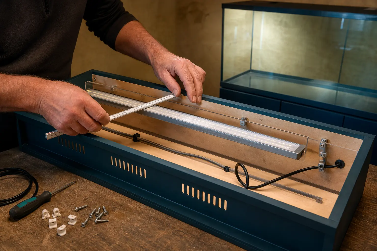 Abdeckung mit LED-Leiste wird auf einer Werkbank ausgemessen