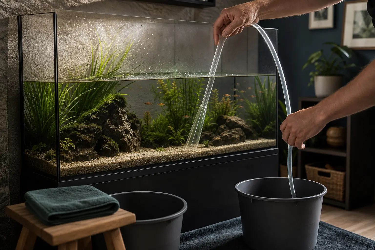 Kontrollierter Teilwasserwechsel an einem bepflanzten Aquarium mit Schlauch und zwei Eimern